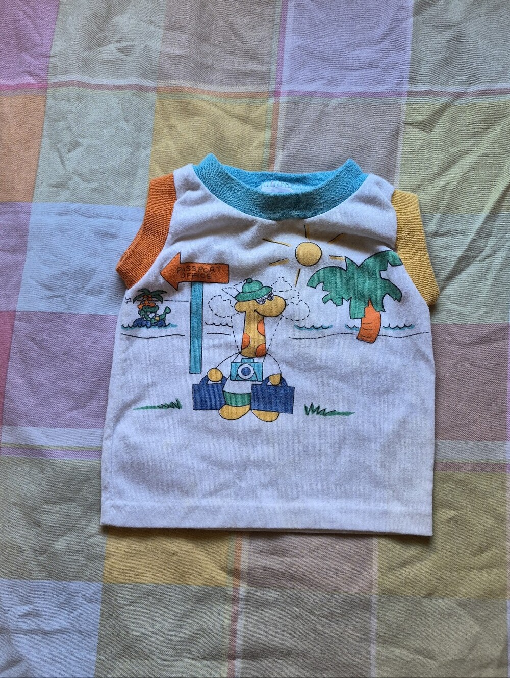 Giraffe Beach Graphic Tank Top - White with Blue, Orange & Yellow